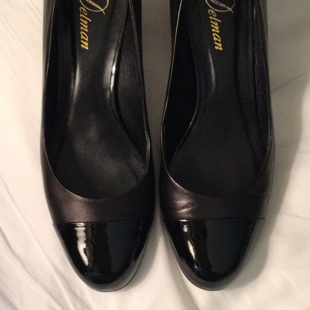 Delman black leather patent captoe heels